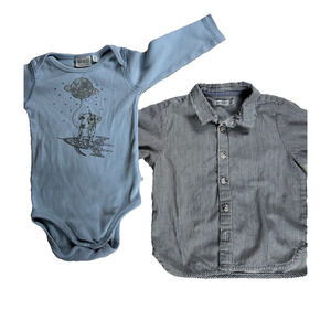 Wheat Brand two Nine Mos organic cotton shirts. Button up & long sleeve bodysuit